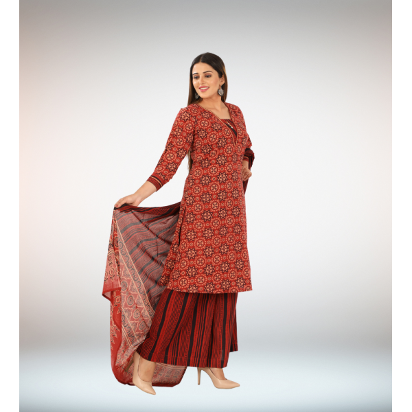 Kurti Bottom Dupatta Set in Block Printed Cotton F...