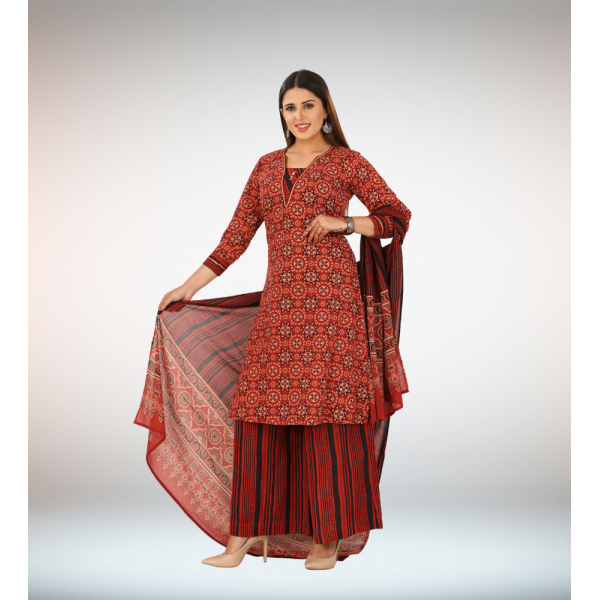 Kurti Bottom Dupatta Set in Block Printed Cotton Fabric