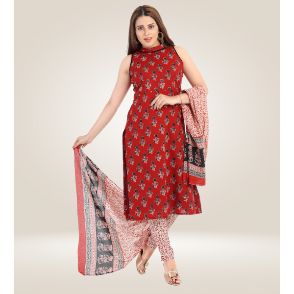 Kurti Bottom Dupatta Set in Block Printed Cotton Fabric