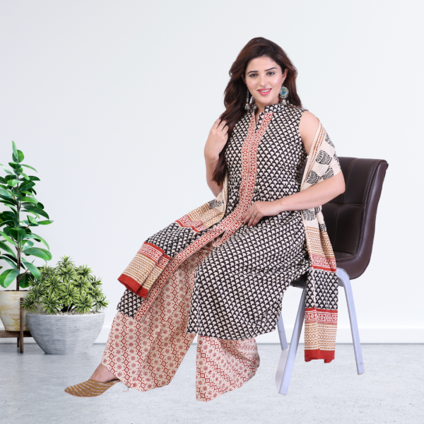 Kurti Bottom Dupatta Set in Block Printed Cotton Fabric