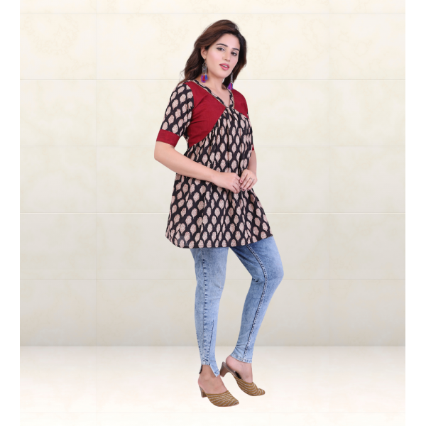 Cotton Short Top in Handloom Block-Printed Fabric