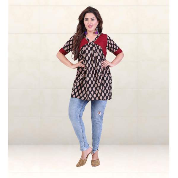 Cotton Short Top in Handloom Block-Printed Fabric